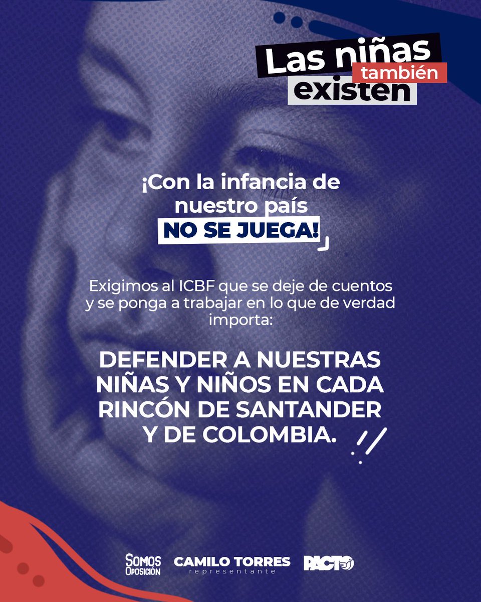 CamiloTorres_RC's tweet photo. ¡Hágame el favor! 🤦‍♂️ Ahora resulta que para la Directora del ICBF @carorestrepocan llamar a las NIÑAS y a los NIÑOS por su nombre… ¿está mal?

Sacaron una orden para dejar de usar “niñas” y “niños” en la entidad y meterlos a todos en la bolsa de “la niñez”. ¡A otro perro con ese hueso!

En un país donde las niñas, desde muy pequeñas enfrentan violencias machistas, brechas y vacíos de atención, dejar de nombrarlas no es inclusión: ¡es invisibilizar su realidad! Nuestras niñas y niños necesitan alimentación, protección y garantías reales, no más bobadas de escritorio.

¡LO QUE NO SE NOMBRA, SE OLVIDA! 👧��

Desde la Cámara de Representantes exigimos que se pongan las pilas con la infancia de Santander y de toda Colombia.

Desliza el carrusel ➡️ y déjame tu opinión.
@PactoCol @IvanCepedaCast #ICBF @ICBFColombia
