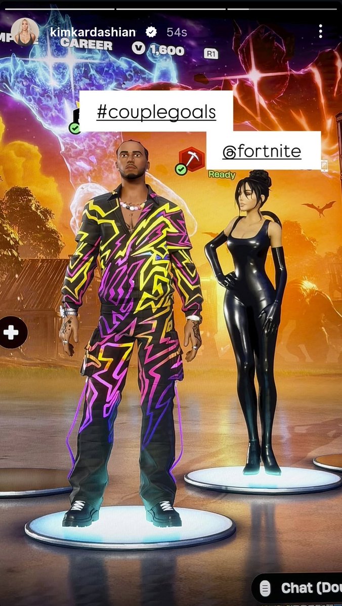 LH44Fanpage8's tweet photo. Kim Kardashian shared Ig story of her playing Fortnite with Lewis Hamilton using their skins, and she added #couplegoals https://t.co/eALYlQXu6x