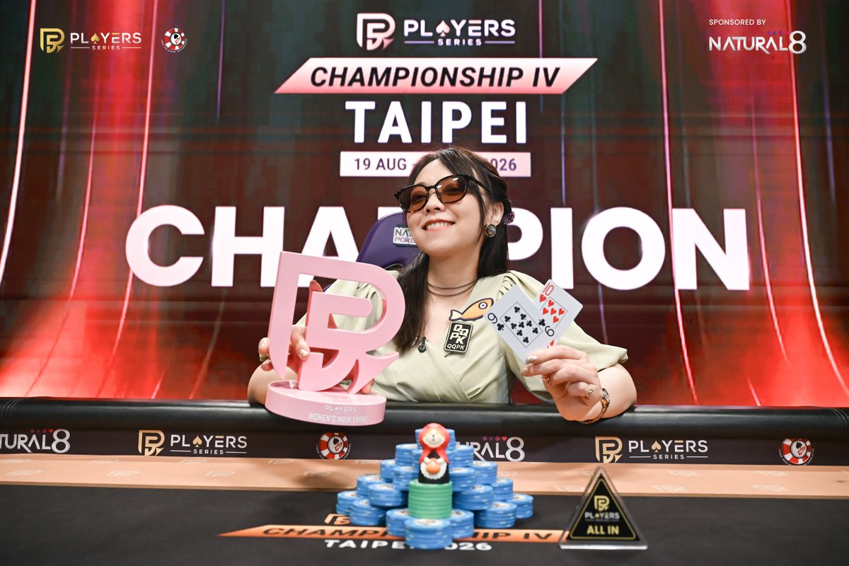ps_poker's tweet photo. 🏆 WOMEN’S MAIN EVENT - CHAMPION 🌸

LIN CHIENYU 🇹🇼 is your Women’s Main Event Champion, conquering a 30-entry field to claim the trophy and NT$100,020 🔥

NT$10,000 buy-in | NT$256,320 prize pool

✨ One day of action. One field to battle through. And when it was all over, Lin Chienyu was the last player standing.

A title earned, a pink trophy claimed, and a moment all her own.

Congratulations, Lin Chienyu! And good luck at the tables ahead! 🏆🔥

----------
Players Series | Affordable · Inclusive · Player-First
🌐 https://t.co/OpQffBF9v6
📍 August 19–31, Taipei
#PSC4Taipei2026 #PlayersSeries #PokerTournament #PSChampions