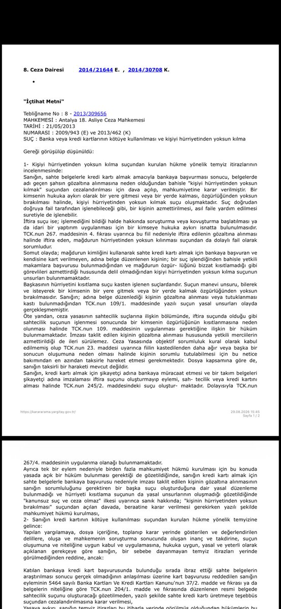 ehukuk1's tweet photo. Yargıtay 8. Ceza Dairesi:

İftiraya uğrayan kişinin gözaltına alınmasına neden olan kişi, iftira suçunun yanı sıra kişiyi hürriyetinden yoksun kılma suçundan da sorumlu tutulur.

2014/21644 E.
2014/708 K. https://t.co/9MCKbtoLds