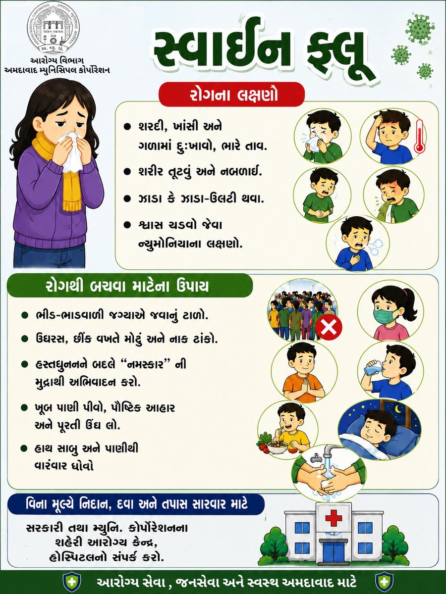 Msuamc's tweet photo. 🫁**સ્વાઇન ફ્લૂથી બચીએ, સ્વસ્થ રહીએ!*
શરદી, ઉધરસ, ગળામાં દુખાવો કે તાવ જણાય તો બેદરકારી ન રાખો.
😷 ભીડથી દૂર રહો, માસ્ક પહેરો અને હાથ વારંવાર ધોવો.
💧 પૂરતું પાણી પીવો અને પૌષ્ટિક આહાર લો.
*લક્ષણો જણાય તો નજીકના આરોગ્ય કેન્દ્રનો સંપર્ક કરો.
💚 *સાવચેતી જ સ્વાસ્થ્યની સુરક્ષા છે. https://t.co/rHYYDJFCWu