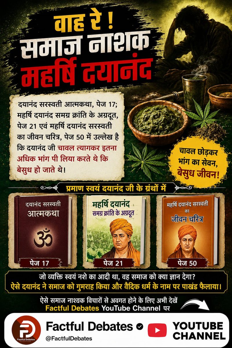 simple_LivingR's tweet photo. #वाहरे_समाज_नाशक_महर्षिदयानंद
दयानंद सरस्वती आत्मकथा, पेज 17; महर्षि दयानंद समग्र क्रांति के अग्रदूत, पेज 21 एवं महर्षि दयानंद सरस्वती का जीवन चरित्र, पेज 50 मे उल्लेख है कि दयानंद जी चावल त्यागकर इतना अधिक भांग पी लिया करते थे कि बेसुध हो जाते थे।
Factful Debates YouTube Channel https://t.co/zgSiwylfE6