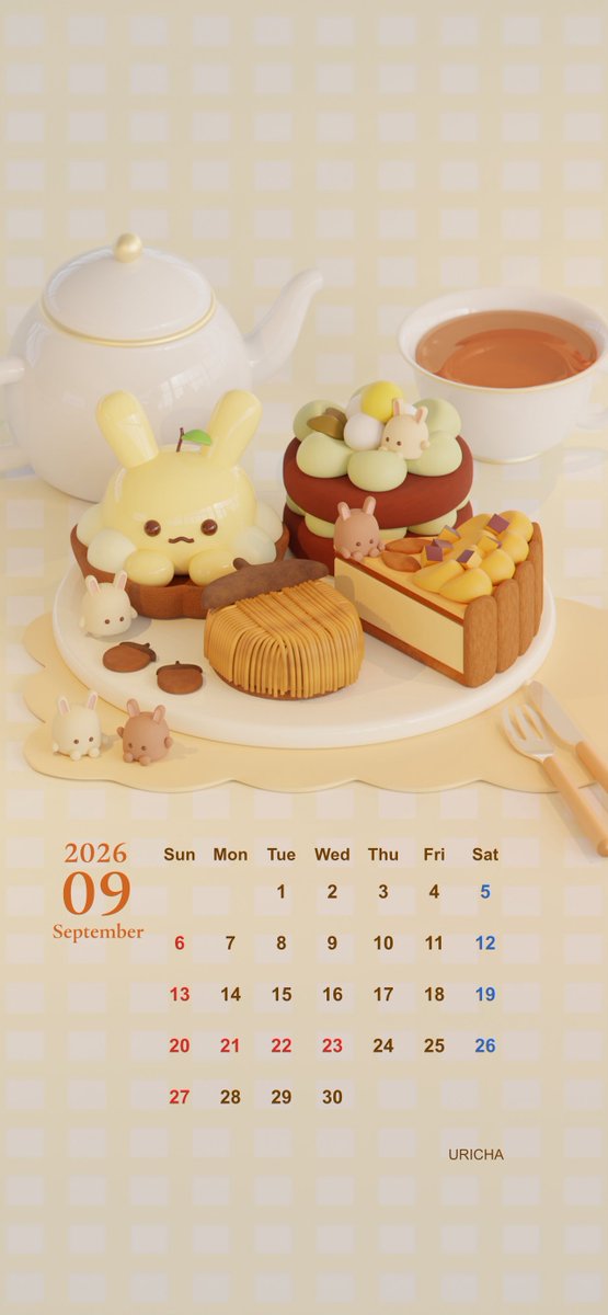 uriuri__3d's tweet photo. 🍂9月のカレンダー配布🍂

ちょっと早いけど9月のカレンダーを作成しました🐰

9月は秋の味覚ケーキセットです🍰

ぜひ待ち受けにお使いください〜🫶

#blender #3DCG #カレンダー https://t.co/KsGtX1cceI