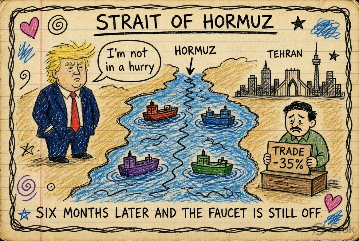 RaviRRana's tweet photo. Trump says he is “not in a hurry.”
U.S. economic pressure continues; Hormuz still the choke point
#News #NewsThisHour #NewsWorld #RRR #RWorld
Six months in, the war has shifted from missiles to money. Iran says trade is down about 35%. Trump is leaning on sanctions instead of a finish line. The Strait of Hormuz is still where the world’s oil has to squeeze through.