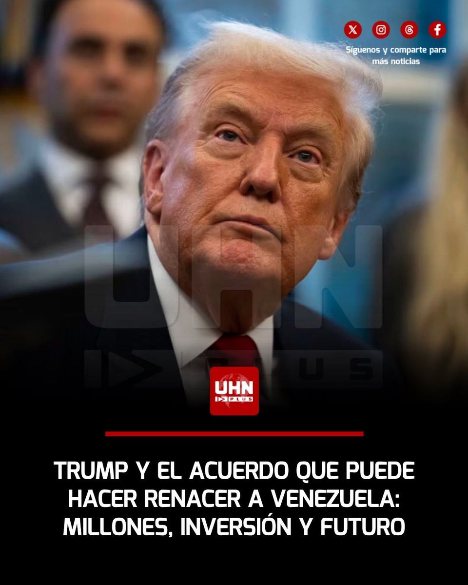 UHN_Plus's tweet photo. 🇺🇸🇻🇪‼️ | Donald Trump firmó el acuerdo petrolero más grande de la historia de Estados Unidos y será fundamental en la reconstrucción de Venezuela:

- Estados Unidos tendrá el control de 65.000 millones de barriles de petróleo
- ⁠Se proyecta levantar 17 campos petroleros
- ⁠Crecimiento en la inversión para infraestructura
- ⁠209 mil millones en tributos para el estado 
- ⁠El acuerdo generará cerca de 100.000 millones de dólares en inversión privada
- ⁠Aumento de empleo