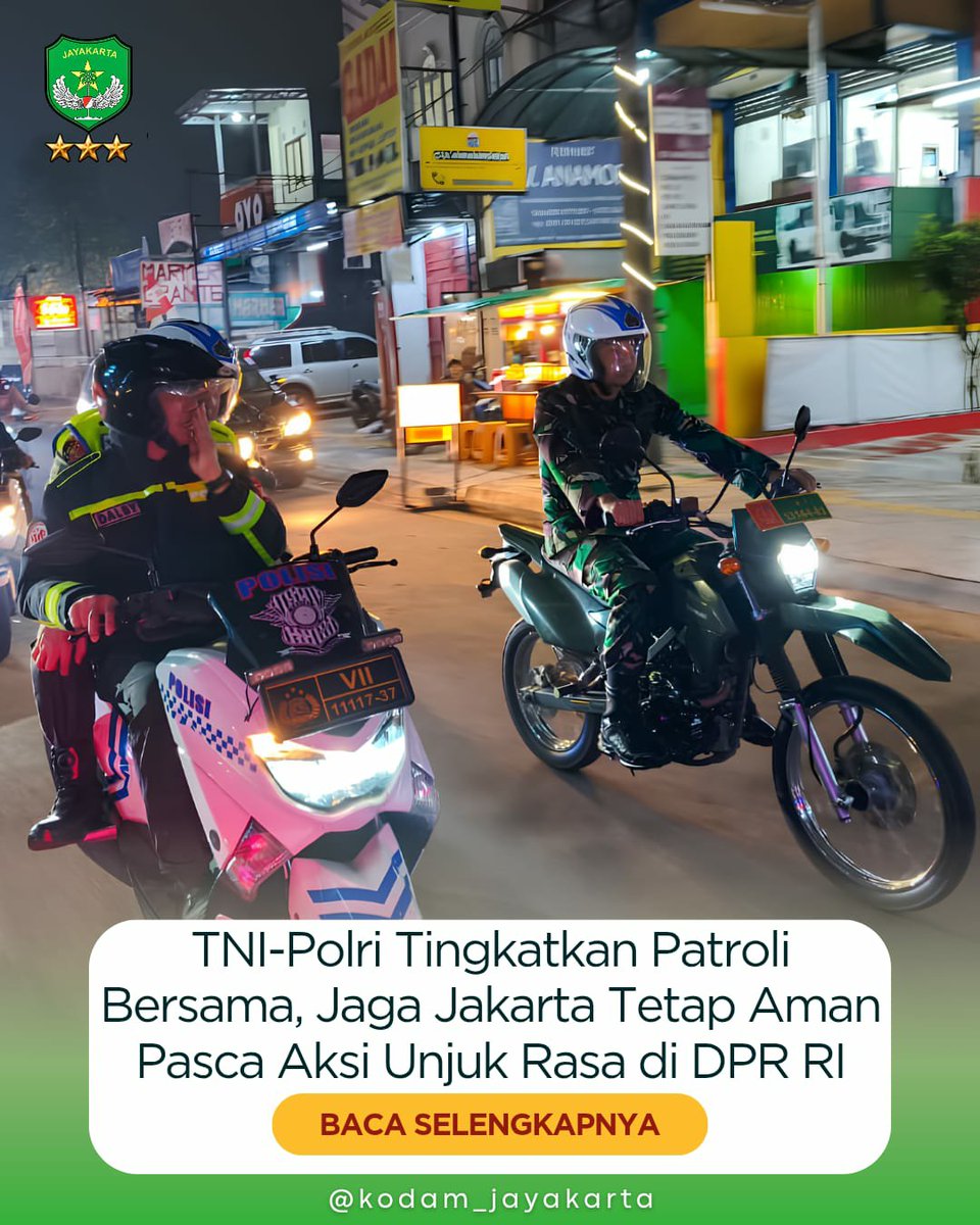KodamJayakarta's tweet photo. TNI-Polri Tingkatkan Patroli Bersama, Jaga Jakarta Tetap Aman Pasca Aksi Unjuk Rasa di DPR RI

#KodamJaya #TNIAD #POLRI #PatroliGabungan #Sinergitas https://t.co/mrKtrzx1oK
