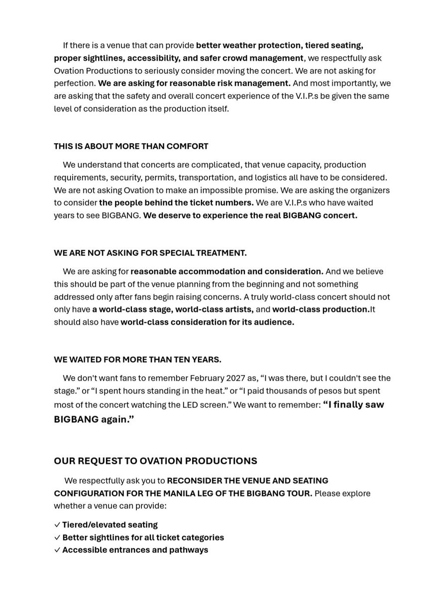Kstar88K's tweet photo. Please read, An Open Letter to Ovation Productions regarding appeal to change venue for the BIGBANG COSMOSManila.

@ovationprod

#BIGBANGinTheRightVenue
#BIGBANGManila2027
#GiveVIPsAView
#BIGBANGCOSMOSManila https://t.co/0poSA1iMRT
