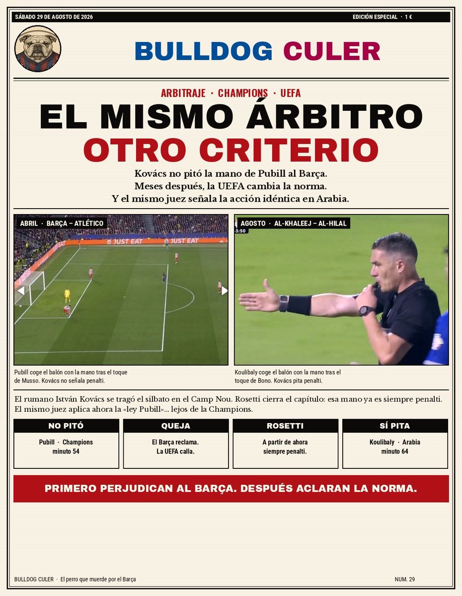 Joshuaakimmich6's tweet photo. 🚨 ¿Otra vez la misma historia con el Barça?

Kovacs NO pitó penalti a Pubill en el Barça-Atlético por tocar con la mano un balón que Musso ya había puesto en juego.

Ahora, meses después, el mismo Kovacs pita PENALTI a Koulibaly por una acción prácticamente idéntica en el Al Hilal-Al Khaleej.

Y la UEFA cambia el criterio: este tipo de manos dentro del área deben ser penalti, sin interpretaciones.

Primero perjudican al Barça. Después aclaran la norma.

#FCBarcelona #Barça #ChampionsLeague #UEFA #Kovacs #VAR #Pubill #Fútbol