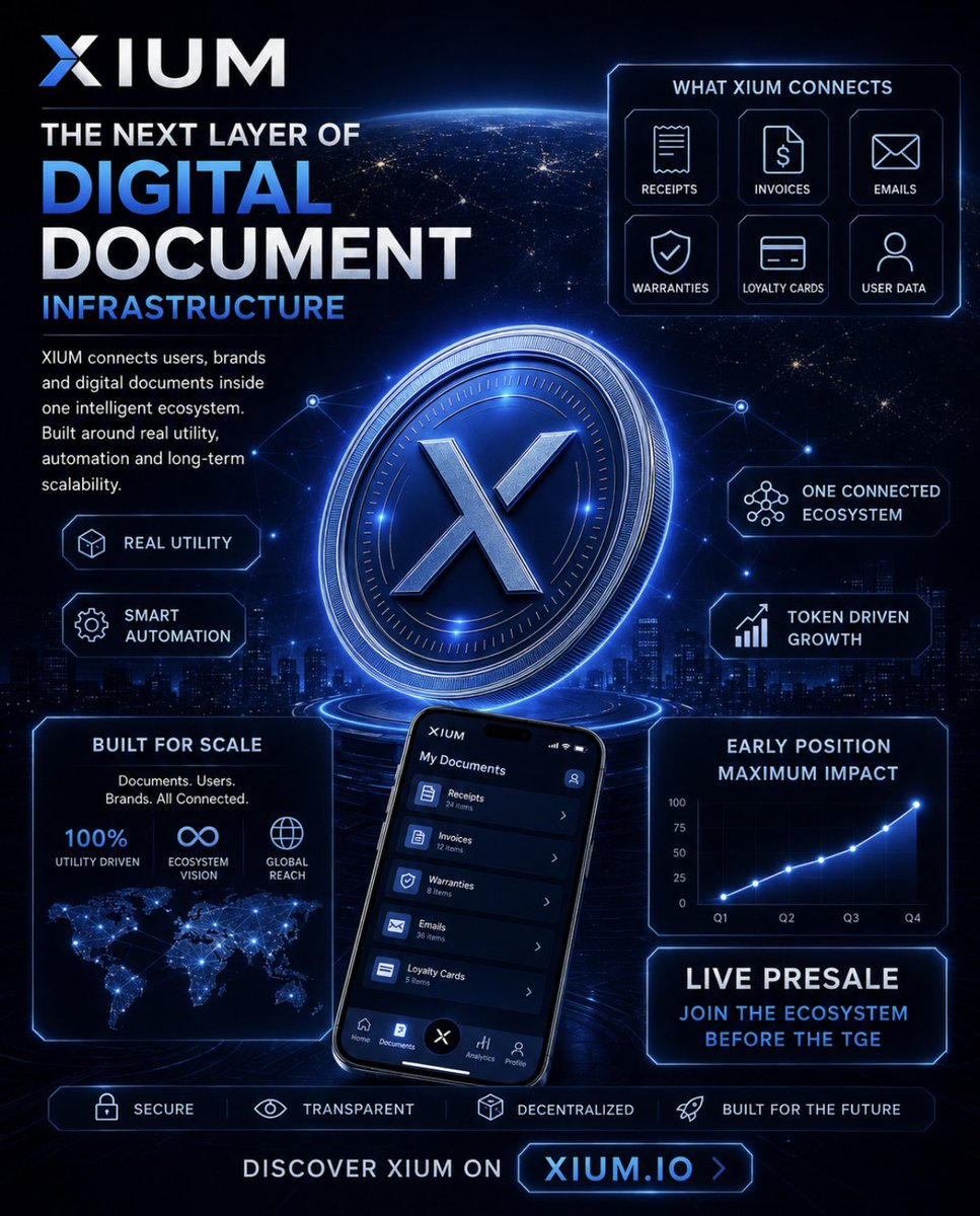 XIUM_TECH's tweet photo. $XIUM is designed to sit at the center of an entire digital ecosystem. 🔵⚡

Every receipt, invoice, warranty, loyalty interaction or automated action creates another point where the ecosystem can grow around the token.

That’s what makes the model interesting.

Not one use case.
A growing number of reasons for $XIUM to be used. 

🌐 https://t.co/2fWB4msVJ1