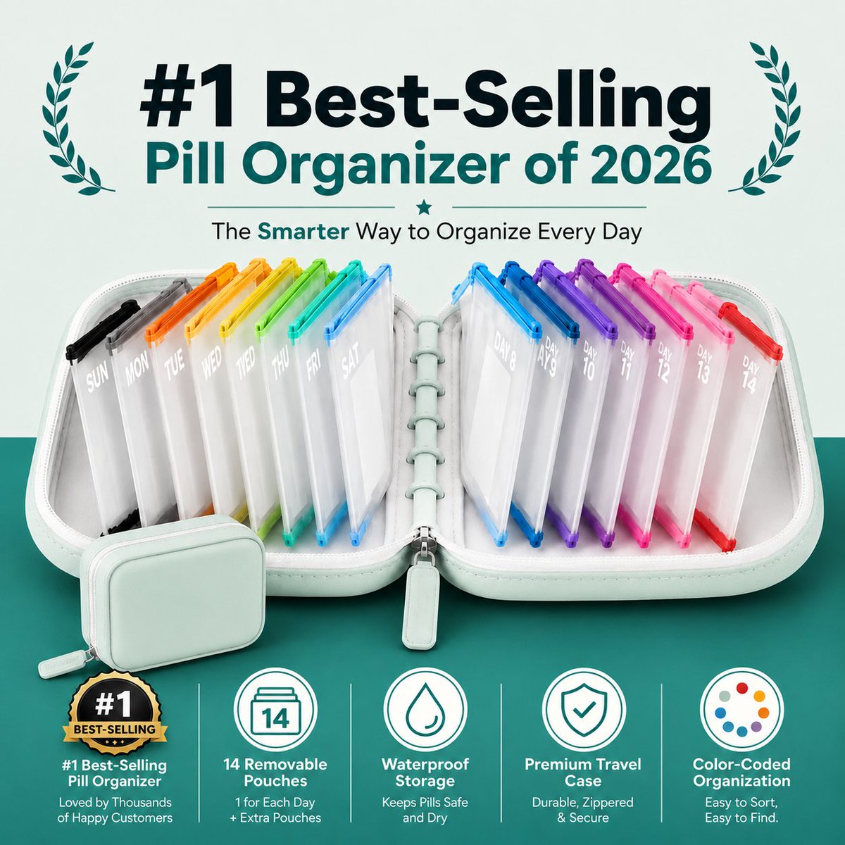 Zavonera's tweet photo. A compact zippered storage case with 14 removable color-coded pouches, designed to keep daily medications, vitamins and supplements easier to sort, identify and carry at home or while traveling. Shop now: https://t.co/xzemjLOybz https://t.co/Ci7AXjaTHH