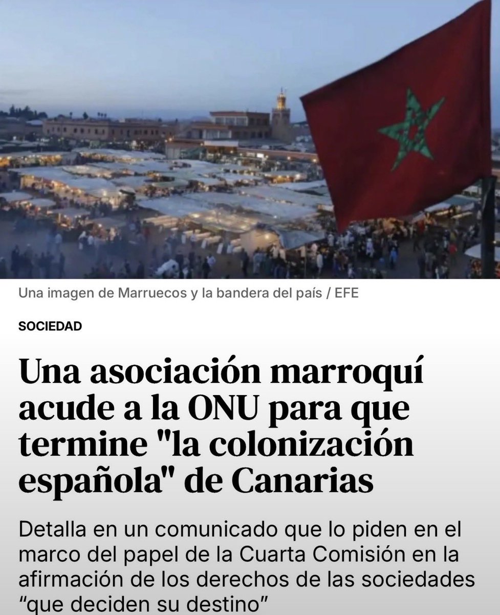 MPSnoserinde's tweet photo. 🚨 EL SOCIO FIABLE DE MONCLOA: MARRUECOS ABRE EL FRENTE PARA QUEDARSE CON CANARIAS 🇪🇸

La exigencia de descolonizar Canarias ante la Cuarta Comisión de Naciones Unidas es un ataque directo a la integridad nacional. 

Utilizar organizaciones satélite para denunciar una supuesta colonización española pretende internacionalizar el conflicto fronterizo y sentar las bases jurídicas para un futuro asalto al archipiélago, deslegitimando la soberanía histórica de España sobre sus provincias.

La gravedad del hecho radica en que Rabat aprovecha la debilidad del Gobierno para acelerar su agenda expansionista en los foros globales. 
Tras comprobar que la Moncloa traga con el desbordamiento migratorio y oculta las alertas de seguridad, Marruecos traslada la presión de las vallas de Ceuta a Nueva York, sabiendo que la diplomacia española no responderá con firmeza.

📌 Conclusión:
Este desafío en Naciones Unidas dinamita cualquier principio de vecindad mientras ALBARES Y MARLASKA INSISTEN EN CALIFICAR A MARRUECOS COMO UN "SOCIO FIABLE". 
Su ceguera institucional humilla a España y demuestra que la sumisión de Madrid abre la puerta a que Rabat subaste la soberanía de nuestras islas ante la comunidad internacional. ⚖️🇪🇸