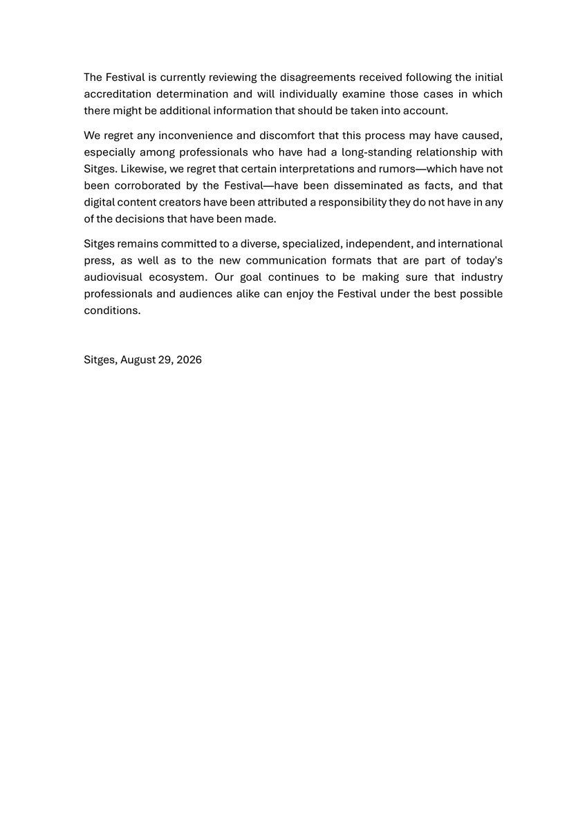 sitgesfestival's tweet photo. OFFICIAL STATEMENT - Press accreditation process https://t.co/sHyuW3h4hx