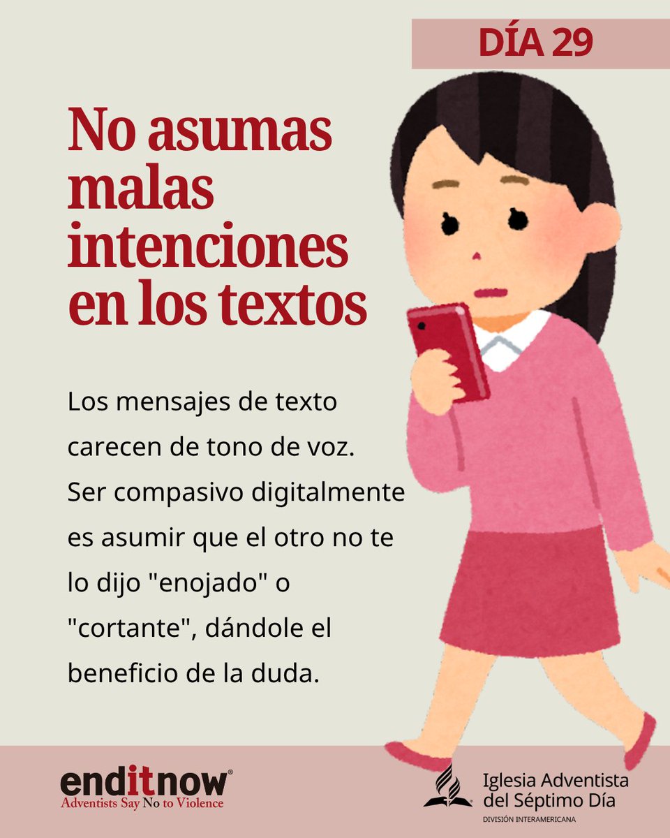 AdventistasDIA's tweet photo. No todo mensaje corto significa enojo. 📱💛 Antes de asumir, dale a la otra persona el beneficio de la duda.
#CompasiónDigital #InteligenciaEmocional #EndItNow https://t.co/Us9Be2A3lR