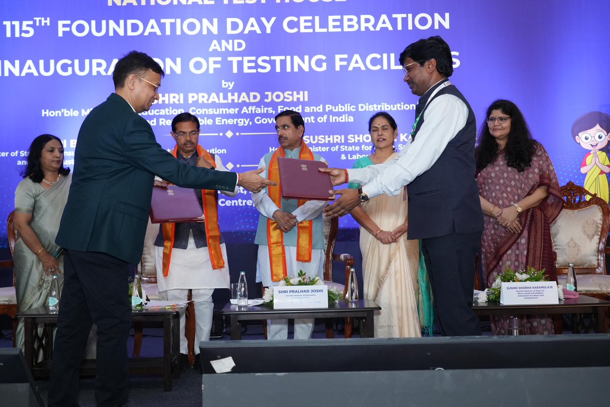 minmsme's tweet photo. A Memorandum of Understanding (MoU) has been exchanged  between Ministry of Micro, Small and Medium Enterprises & National Test House (NTH), Department of Consumer Affairs at Bengaluru during the 115th Foundation Day of NTH today in the auspicious  presence of Shri Pralhad Joshi, Hon’ble Minister of Education, Consumer Affairs, Food and Public Distribution & New and Renewable Energy; Shri B.L. Verma, Hon’ble Minister of State for Consumer Affairs , Food and Public Distribution and Social Justice and Empowerment, and Sushri Shobha Karandlaje, Hon’ble Minister of State for Micro, Small and Medium Enterprises & Labour and Employment. 

This MoU will apply for API integration of Udyam Registration Portal with that of NTH Portal in the context of National Test House
initiative of providing 15% blanket discount to all the MSME registered in the NTH MIS.

#MSME #Udyam #Entrepreneur #Innovation #Development #Employment #Empowerment 

@jitanrmanjhi @JoshiPralhad @blvermaup @ShobhaBJP