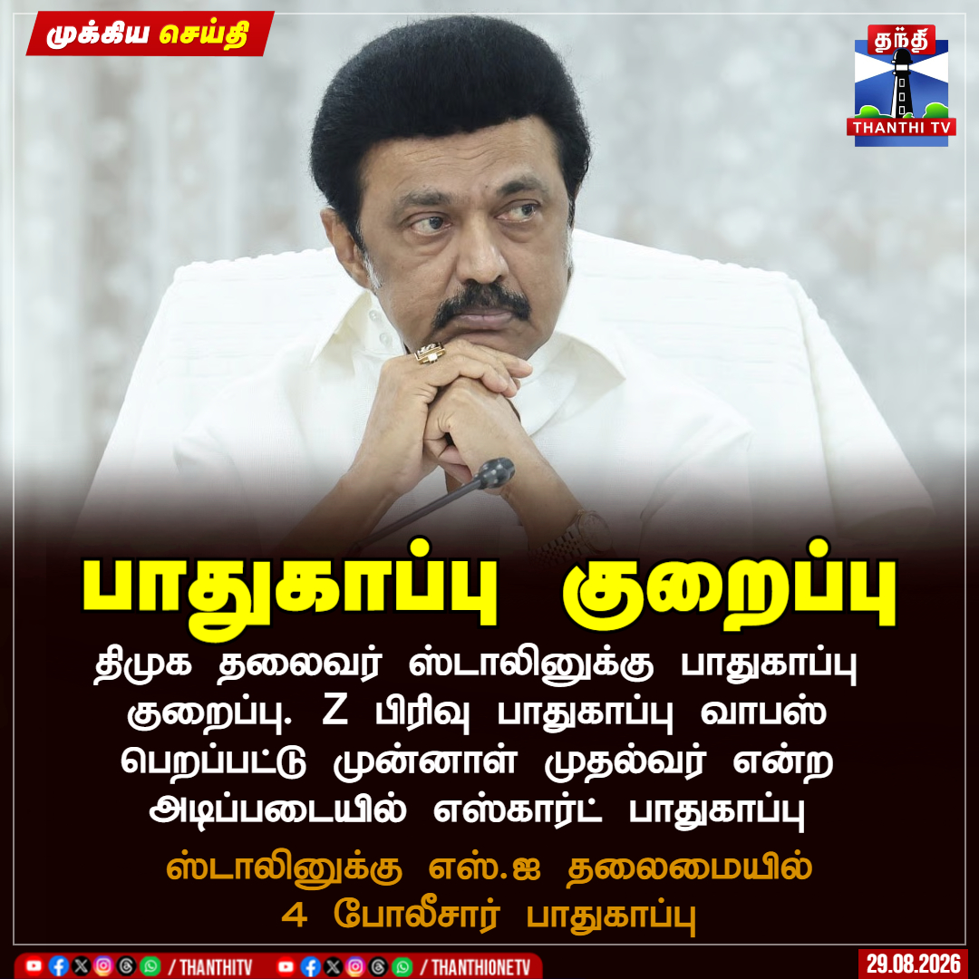 ThanthiTV's tweet photo. பாதுகாப்பு குறைப்பு
திமுக தலைவர் ஸ்டாலினுக்கு பாதுகாப்பு குறைப்பு. Z பிரிவு பாதுகாப்பு வாபஸ் பெறப்பட்டு முன்னாள் முதல்வர் என்ற அடிப்படையில் எஸ்கார்ட் பாதுகாப்பு
ஸ்டாலினுக்கு எஸ்.ஐ தலைமையில் 4 போலீசார் பாதுகாப்பு
#MKStalin #SecurityReduced #ThanthiTV https://t.co/bmP72eoyj4