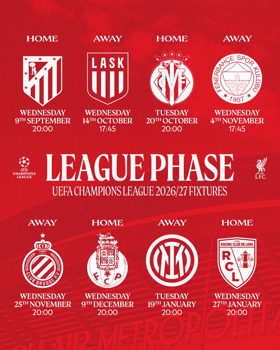 LFC's tweet photo. Our UEFA Champions League fixture details have been confirmed 🔒 https://t.co/NiVWhDxNd6