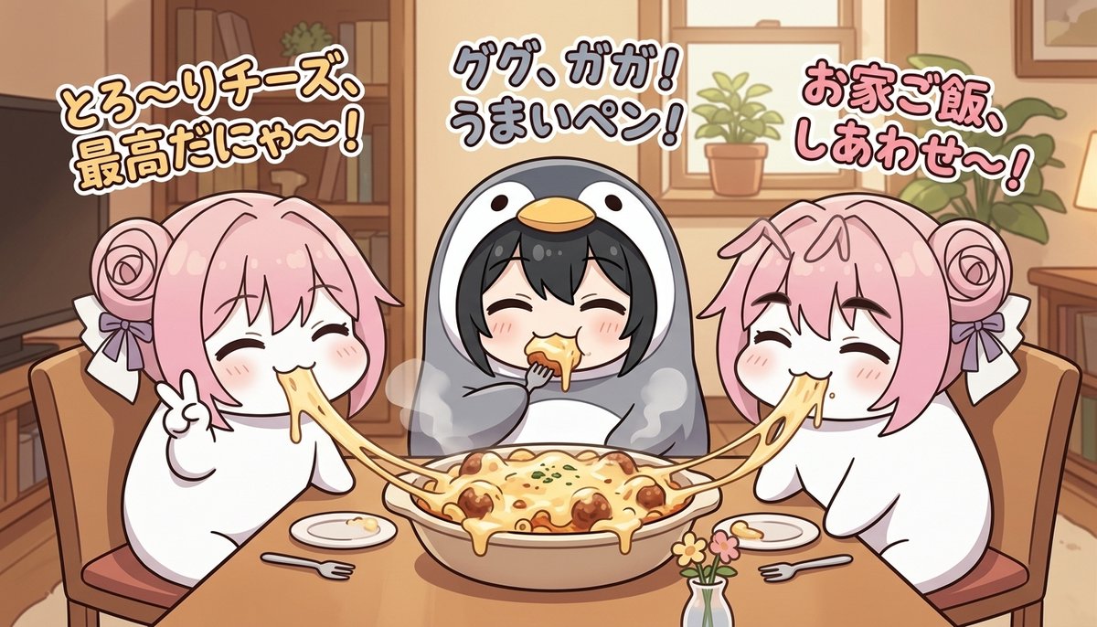 panicbluedoro's tweet photo. ググガガちゃんとチーズがたっぷりかかった料理を見て
パーティしているDoroちゃんず。
これぐらい背徳的な料理をガブ食いしたいですw
#doro #gugugaga https://t.co/g1gfUBjPei