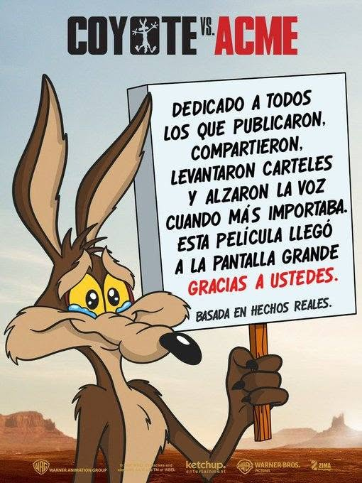 YoSoyLizGomez's tweet photo. Tanto se hablaba de La Odisea, de Spiderman... pero llegó #CoyoteVsAcme y nos atrapó a todos. 

Vayamos a ver esta película, apoyemos, salvemos al cine. https://t.co/985qw2pBfy