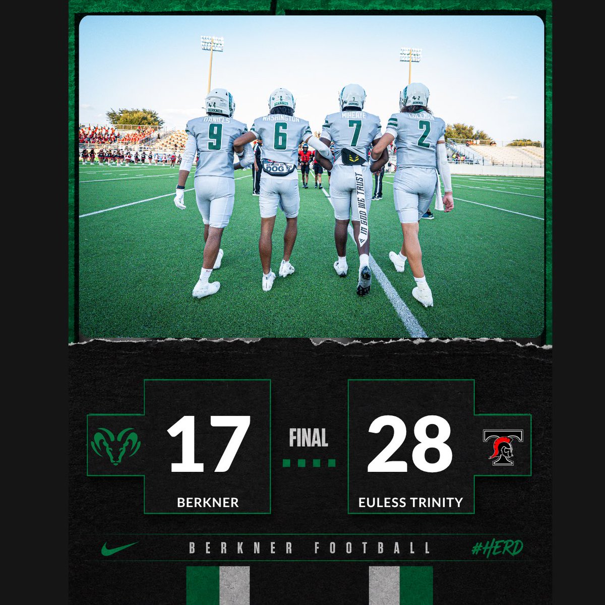 BERKNERFOOTBALL's tweet photo. FINAL | GAME 1

Not the result we wanted, but plenty to build on. Another opportunity next week. Back to work!! 

#ProtectTheBrand | #HERD | #IOU | #BAM https://t.co/LsEWORLUiM
