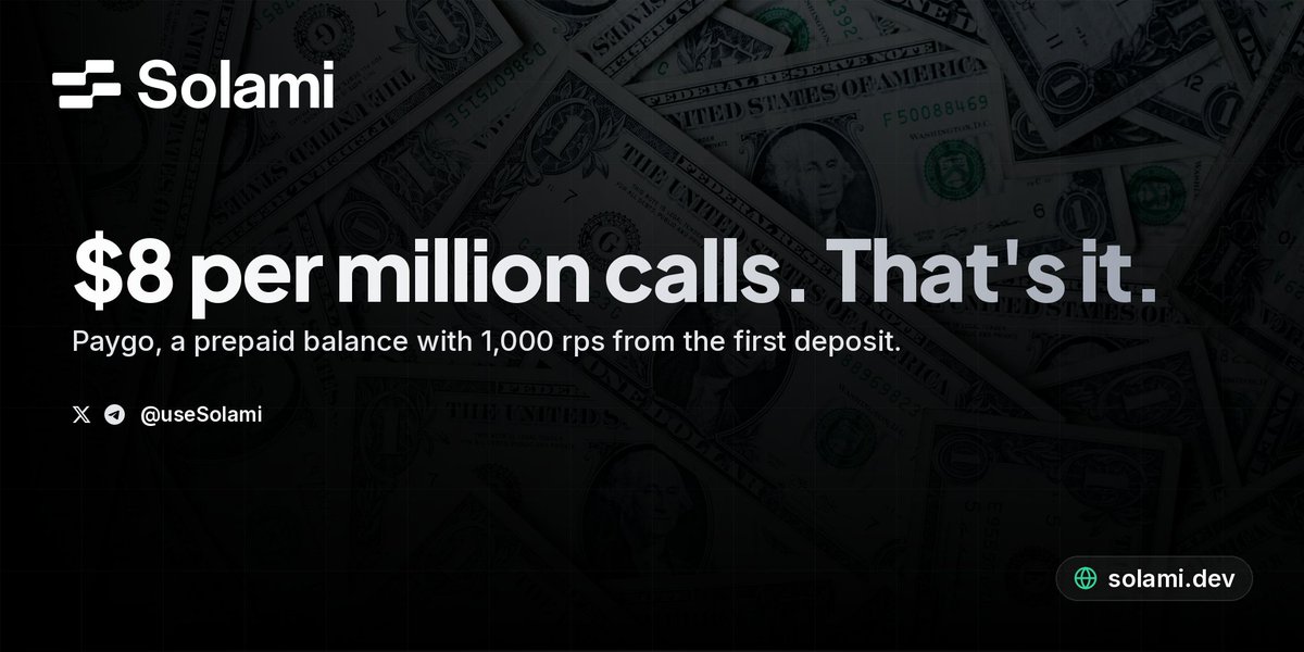 useSolami's tweet photo. Solana got 12.5% faster this week. Your infra bill shouldn't care. Paygo is a prepaid balance, not a plan. $8 per million RPC calls on any method, $0.08 per GB on gRPC and WebSocket streams, and enabling it puts an instant 1,000 requests per second cap on your account. Minimum deposit is $25, with no monthly commitment and no overage.

You top up, you build, the balance draws down as you use it. That's the whole model.

#Solana #web3 #dev #RPC