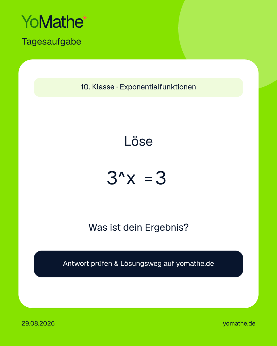 yomatheDE's tweet photo. 🧠 YoMathe-Tagesaufgabe

10. Klasse · Exponentialfunktionen
Löse 3^x = 3

Was ist dein Ergebnis? 👇

Prüfen + Lösungsweg:
https://t.co/jw2y2sNXPj

#Mathe #Realschule https://t.co/VVvKgC9Thx