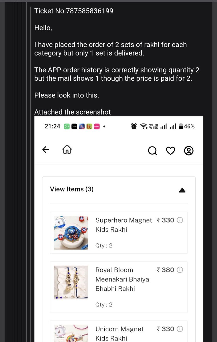 anuragg_gupta's tweet photo. @IGPcom - The 3 missing Rakhi sets were never delivered, despite my reporting the issue on 25 Aug and repeated follow-ups.
I paid for 6 sets but received only 3. I now want a refund for the 3 undelivered sets.
Order #19531179 | Ticket #787585836199
#igpdotcom #consumercomplaint https://t.co/edIj4AKTlb