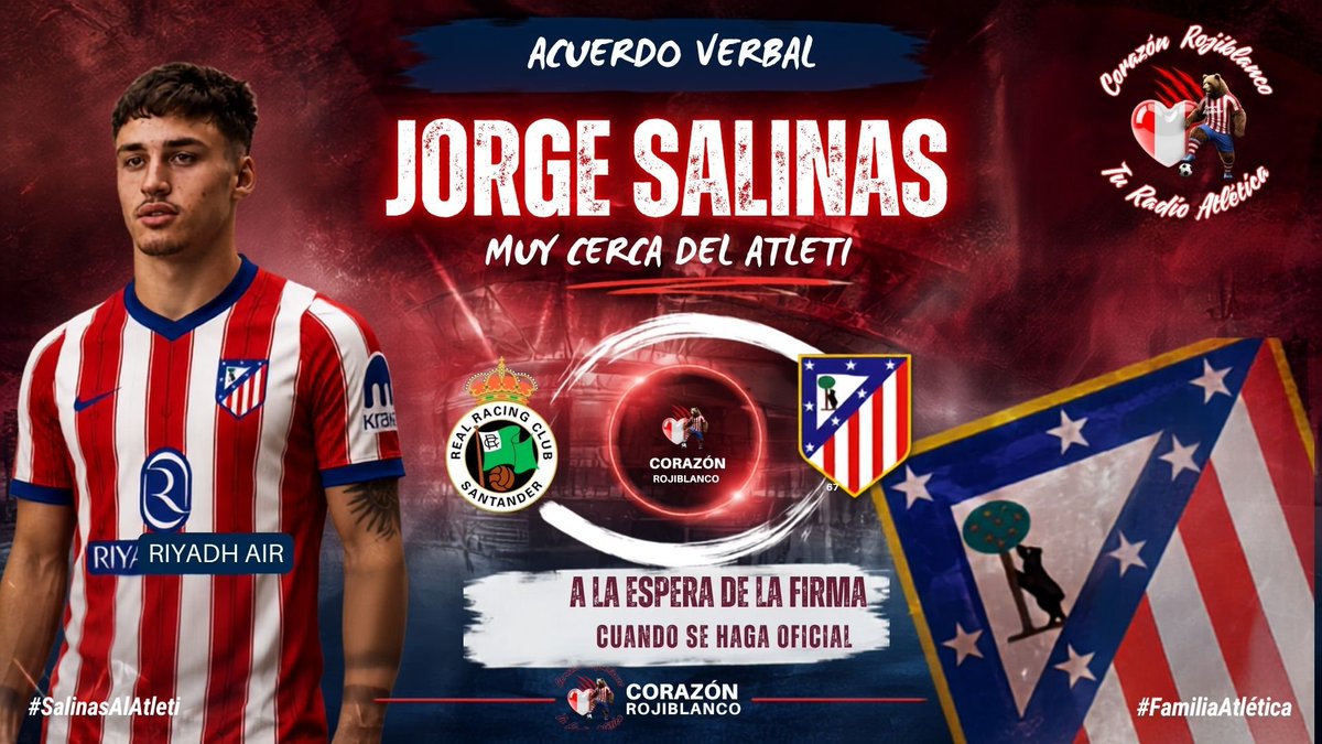 corazonroj1903's tweet photo. 🚨🔴⚪️ ÚLTIMA HORA | JORGE SALINAS
🤝 Acuerdo verbal entre el Atleti y el Racing por Jorge Salinas.
💰 El Atleti pagará 16 MILLONES DE EUROS + COMISIONES.
🖊️ Todo acordado a falta de la FIRMA, paso previo a que se haga oficial.
🔴⚪️ ¡Seguimos informando en Corazón Rojiblanco! https://t.co/YwcwCEirMt