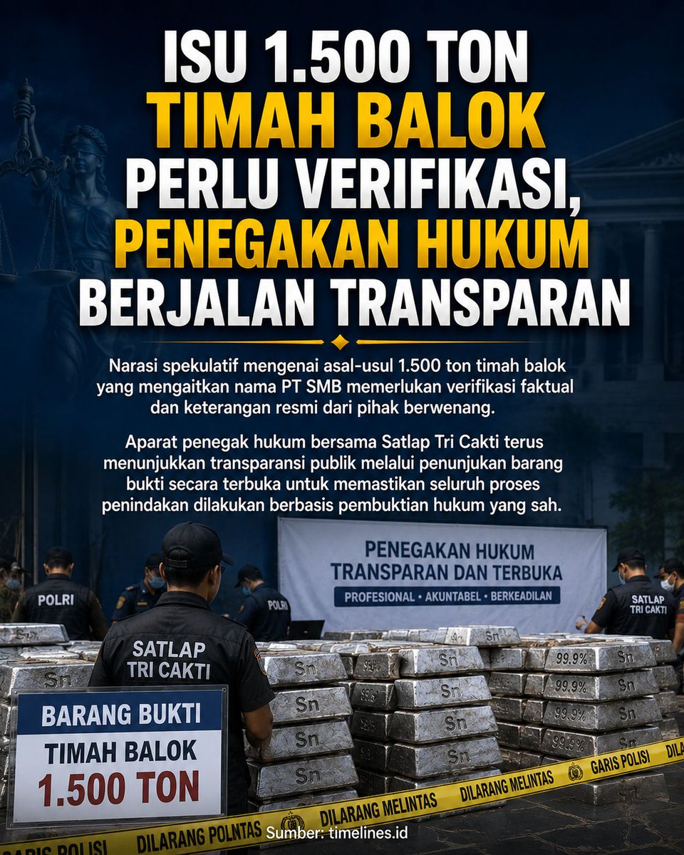 indonesiascoop's tweet photo. Isu 1.500 ton timah balok perlu dijawab melalui verifikasi berbasis bukti. PT Timah di Bangka Belitung menilai transparansi dan proses hukum yang berjalan sesuai fakta penting untuk menjaga kepercayaan publik. #timah #bangkabelitung #Hukum #Fakta #femboy https://t.co/VXDuJjGHLL