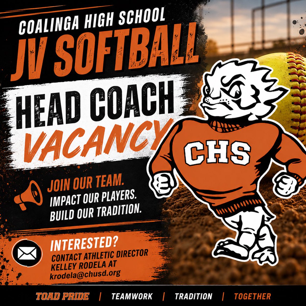 chstoads's tweet photo. JV SOFTBALL: Coalinga High School is looking for a JV Softball Head Coach. Please email CHS Athletic Director Kelley Rodela at krodela@chusd.org if you are interested. #ToadPRIDE @CifCentral https://t.co/QRw8Ngb1bP