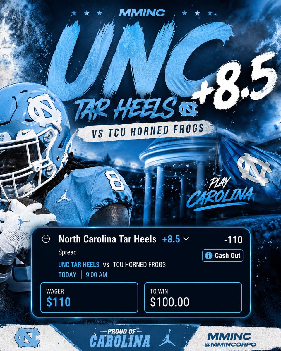 MMINCORPO's tweet photo. 🚨 MMINC CFB FREEPLAY 🚨

Carolina getting +8.5? We’ll take the points. 🐏🩵
UNC +8.5 (-110) — 1U vs TCU

Tar Heels just gotta keep it within striking distance. PLAY CAROLINA. 🗣️
ARE YALL READY??🔥🔥 https://t.co/OkZ9EofVWD