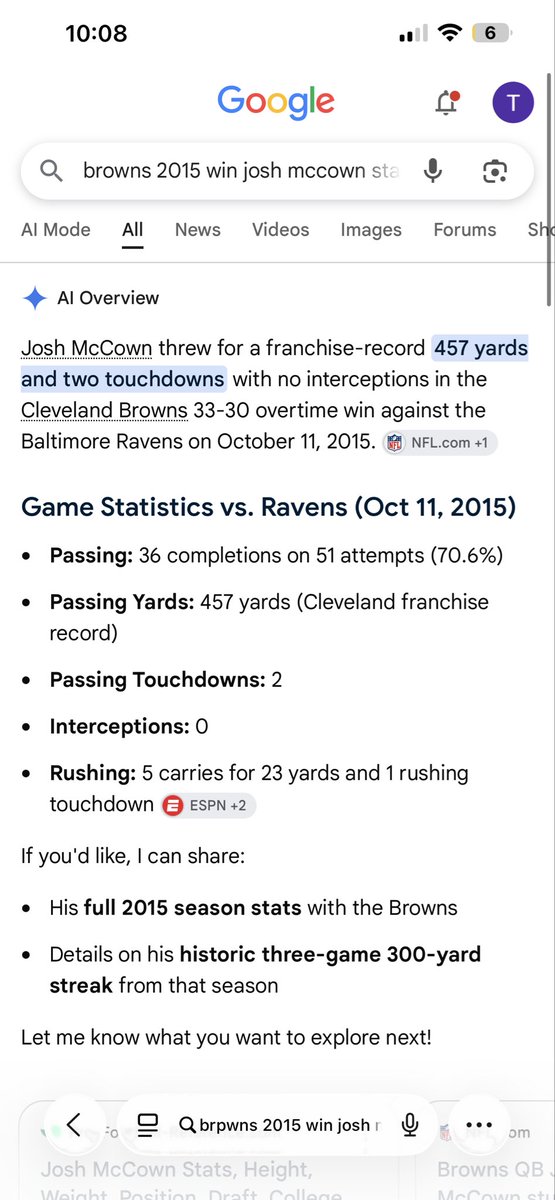 tcoff6's tweet photo. @QBgami @kyles0115 @kylemccord16 @packers Honorable mention out of left field, 457 2 tds OT win for the Browns Josh Mccown. Had 3 straight 300 yard games as well. https://t.co/kzTnV3fpCe