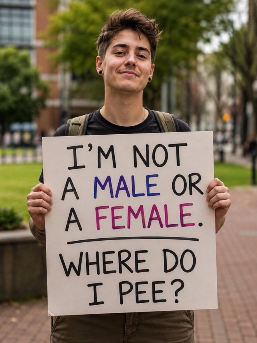 miracles7k's tweet photo. Claims to be neither male nor female. 

Then which bathroom is the correct one? https://t.co/55g14RtEXf