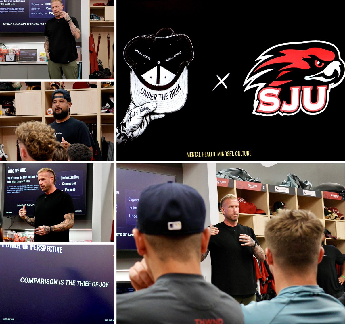 SJUHawks_Base's tweet photo. Thank you Under The Brim, Kevin Schneider and Will Liggins, for coming out yesterday and talking to the team about how there are things bigger than the game.

#THWND #underthebrim #mentalhealthawareness https://t.co/2g3m7KMIqS