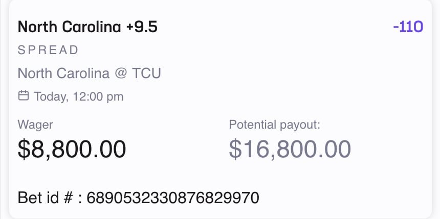 Adolph_dont_mis's tweet photo. CFB POTD 💎

North Carolina +9.5 -110 (3U)

♥️ = RIDING https://t.co/ELjxFSCGyY