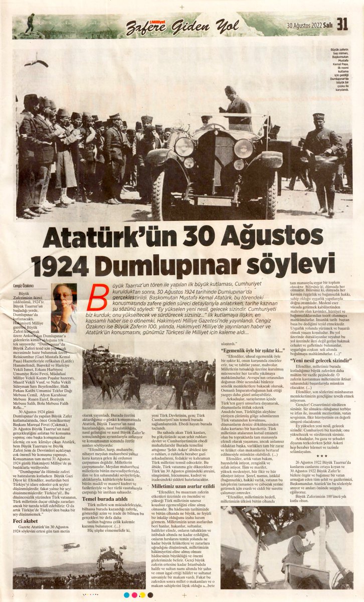 cengizozakinci's tweet photo. Atatürk'ün 30 Ağustos 1924 Dumlupınar Söylevi, (Milliyet. 30.08.2022) https://t.co/MFTDuPJYhN