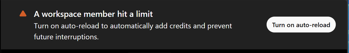 runevenes's tweet photo. @tibo @OpenAI This banner appeared when I hit my 5-hour Workspace limit yesterday. My limit has reset to 100%, but the banner is still stuck with no dismiss button and takes up a lot of space. I don’t want auto-reload; I’d rather upgrade the seat if needed. Bug? https://t.co/5yWE5hAyJo