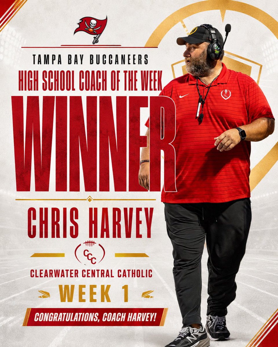CCCMarauders's tweet photo. Big news for Marauder Nation! 🏈🔥

Huge congratulations to our Head Coach, Chris Harvey, on being named the Tampa Bay Buccaneers High School Coach of the Week for Week 1!

Thank you to the @buccaneers for recognizing Coach Harvey’s leadership and dedication to our student-athletes. Well deserved, Coach! 

@CCCMaraudersFB 
@Biggamebobby 
@FryeChuck 

#GoMarauders 🟡🔴