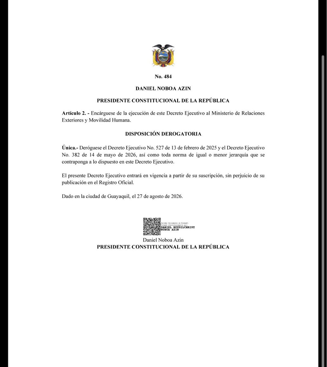 ecuainm_oficial's tweet photo. ‼️#URGENTE
El presidente Daniel Noboa aceptó la renuncia de Pedro José Vintimilla Vega y dio por terminadas sus funciones como embajador de Ecuador en Türkiye https://t.co/zcufTl416H
