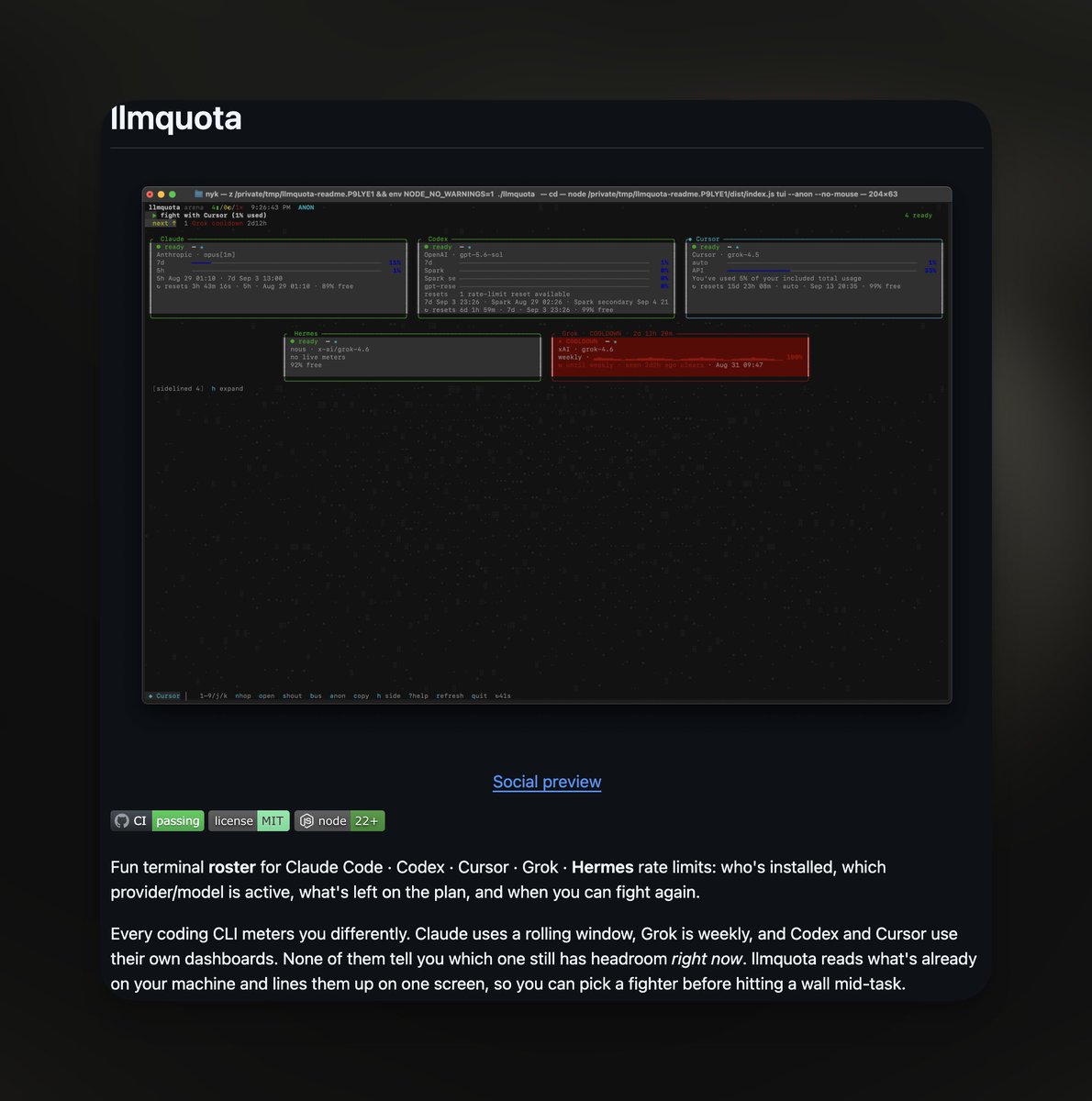 llmquota preview showing live quota cards for multiple coding CLIs and a repo-local communication bus