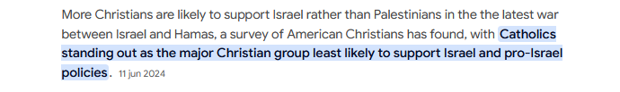 Justadude4fd's tweet photo. "Catholics standing out as the major Christian group least likely to support Israel and pro-Israel policies." https://t.co/WnqiwOjFNq