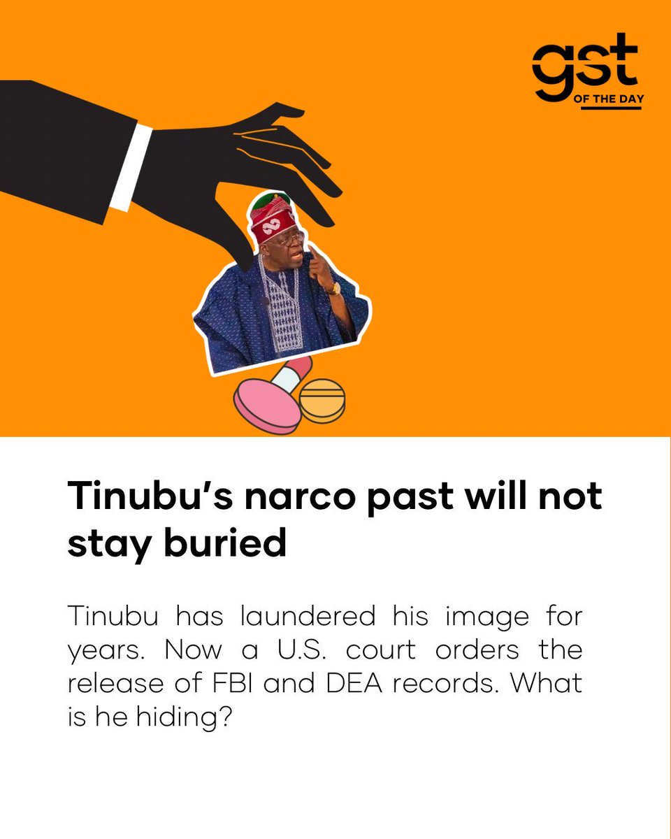 wearegst's tweet photo. gst’s quick take: "Pablo" is UNFIT TO BE NIGERIA’S PRESIDENT. 

Tinubu’s lawyers just filed a 16-page federal court motion in the United States to completely block the FBI, DEA, and DOJ from releasing hidden law enforcement files linked to a notorious 1990s drug trafficking investigation.

Let’s look at the facts they are desperate to bury:

1. In 1993, Tinubu forfeited $460,000 to the U.S. government following a massive white-powder narcotics and money laundering probe in Chicago. 

2. The cash —  linked by federal agents to heroin trafficking pools — was seized and confiscated.  For decades, the full details have been locked away. Now that a U.S. court is forcing transparency, Tinubu is fighting tooth and nail to ensure the full backstory never sees the light of day.

3. To kill a valid Freedom of Information Act (FOIA) request, Tinubu’s legal team is scrambling behind Exemption 7(C). They are actually arguing that releasing investigative records about a sitting head of state would be an "unwarranted invasion of personal privacy."

Think about the absurdity of that statement. The citizens of a nation of over 200 million people are being told they have no right to know the criminal background of the man running their country because it violates his privacy.

A man hiding from his own history cannot lead a nation forward. This man is unfit to be called “President”.