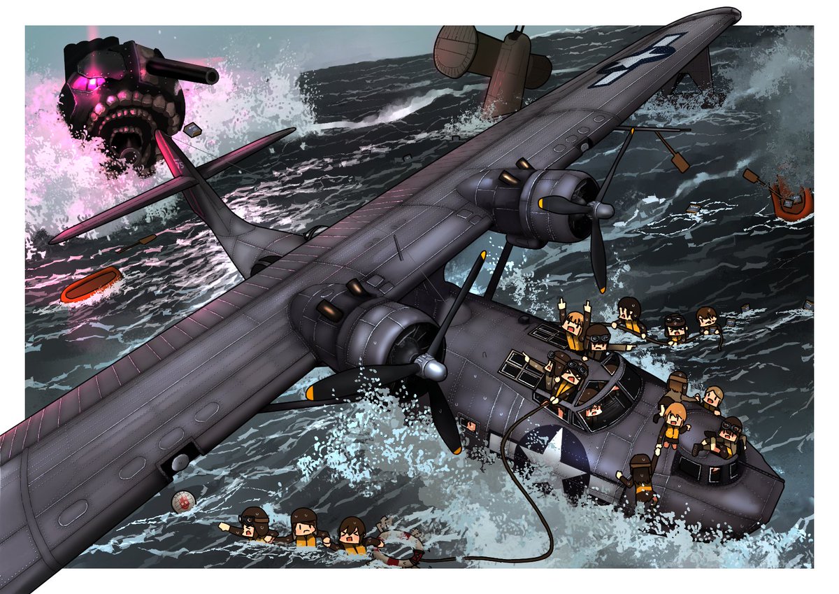 TimmyYen's tweet photo. 基地航空隊の妖精さん: PBY-5A Catalina(夜偵/救助隊型)

隊長:「救助できる奴から急いで救助しろ！」
妖精隊員:「隊長！！！」
隊長:「なんだ！？」
妖精隊員:「後ろ！！！！！！」
隊長:「OH SHIT！SHIT！SHIT！SHIT！SHIT！急げ！早くしろ！急げ急げ！！！ああああああ！！！！！！」
妖精隊員:「ああああああああああ！！！！！！！！！！！」