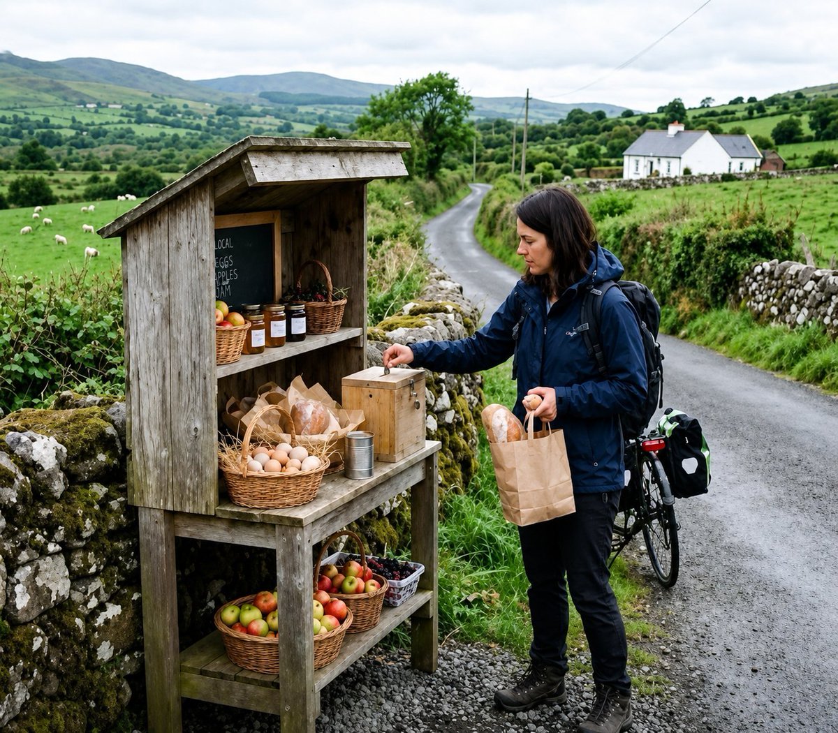 Hana_b30's tweet photo. Along quiet rural roads in Ireland, small honesty shelves sit by the stone walls fresh eggs, homemade bread, apples, and jars of jam left out with nothing but a wooden money box.
No one is watching.
No cameras.
No staff.
You take what you need and leave what is fair.
The whole system runs on nothing more than trust between strangers.
These simple stands have become part of the Irish countryside’s quiet rhythm a small daily reminder that honesty still works when people choose to honour it.