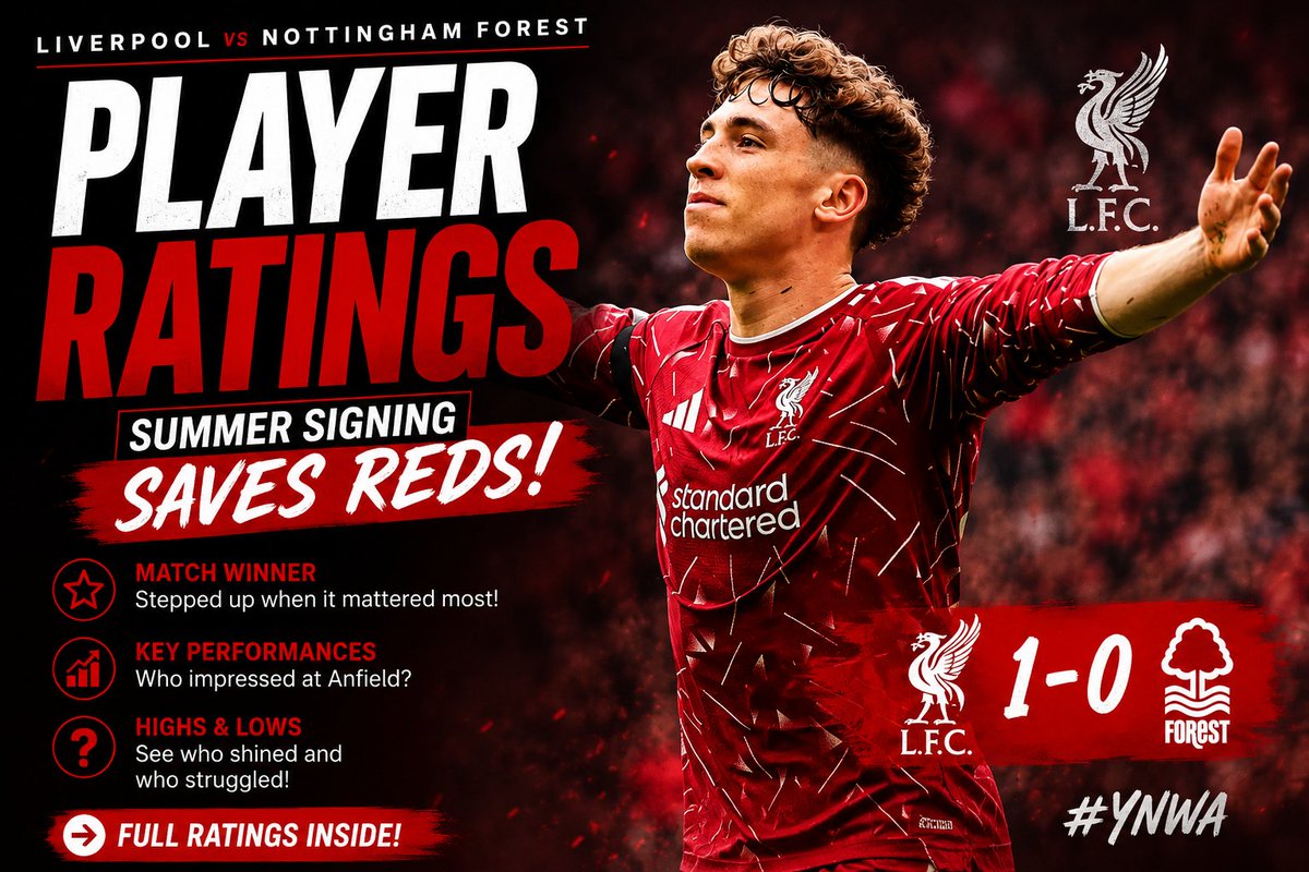 IrinStilva636's tweet photo. LIVERPOOL DRAMA AT ANFIELD!
https://t.co/6M6SpL2nrD
he Reds were pushed to the limit against Nottingham Forest, but a summer signing stepped up when it mattered most!
Who impressed—and who struggled
#LFC #Liverpool #PremierLeague #YNWA https://t.co/xkDiBeFMTw