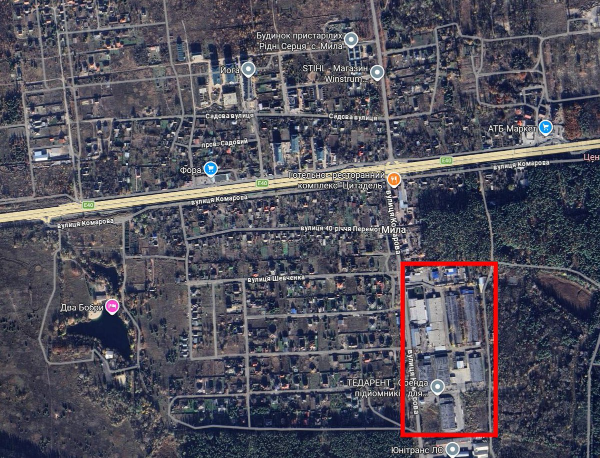 squatsons's tweet photo. The ammunition depot in Mila, Kiev region was set up directly across from residential homes and a hotel.

50.437886, 30.174046

Using civilians as a shield because they normalized themselves in the idea that Russia wouldn’t risk civilian collateral. 

Those days are clearly behind us since the 40 day campaign by Ukraine.