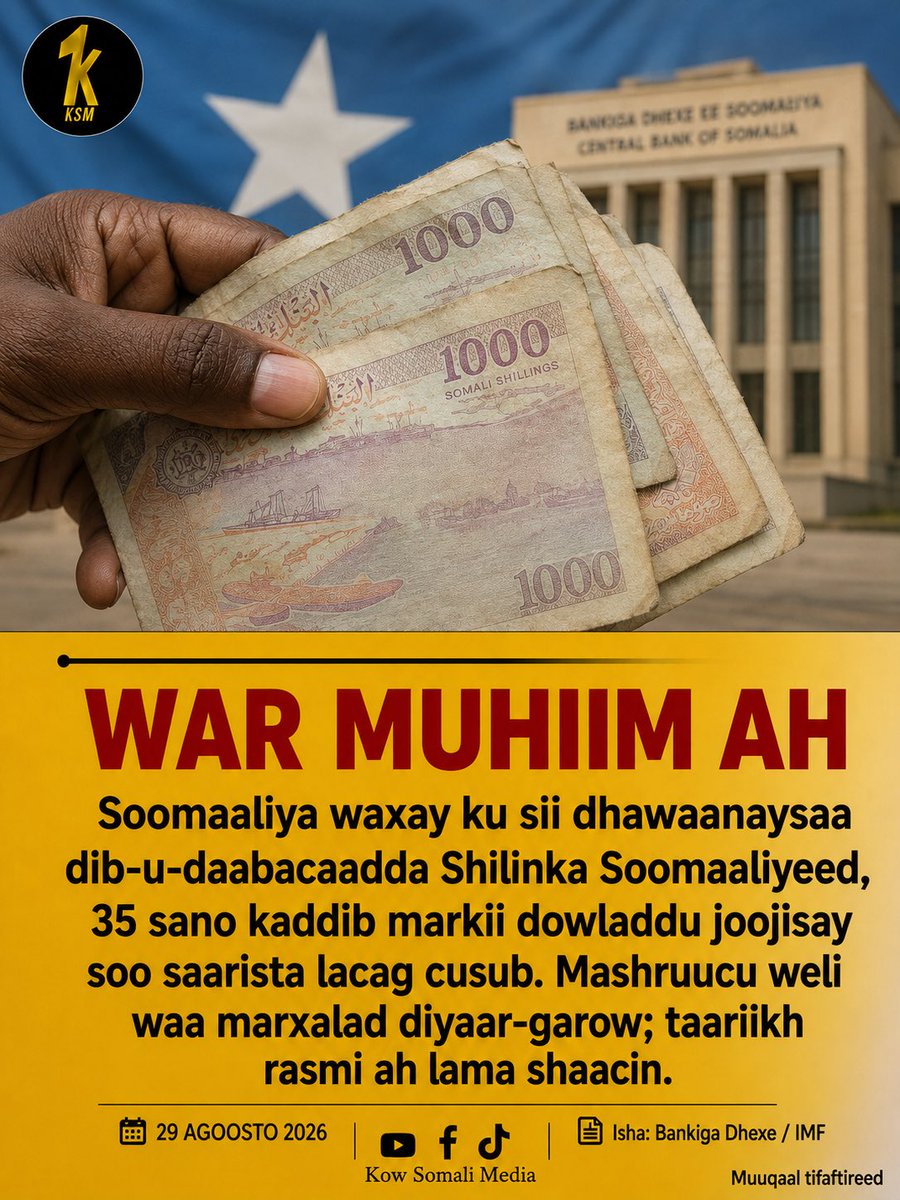 kowsomalimedia's tweet photo. WAR MUHIIM AH

Soomaaliya waxay ku sii dhawaanaysaa dib-u-daabacaadda Shilinka Soomaaliyeed, 35 sano kaddib markii dowladdu joojisay soo saarista lacag cusub.

Qorshaha wejigiisa koowaad waxaa lagu beddelayaa lacagaha duugoobay iyo kuwa been-abuurka ah ee wareegaya. https://t.co/U8kQFyNjFL