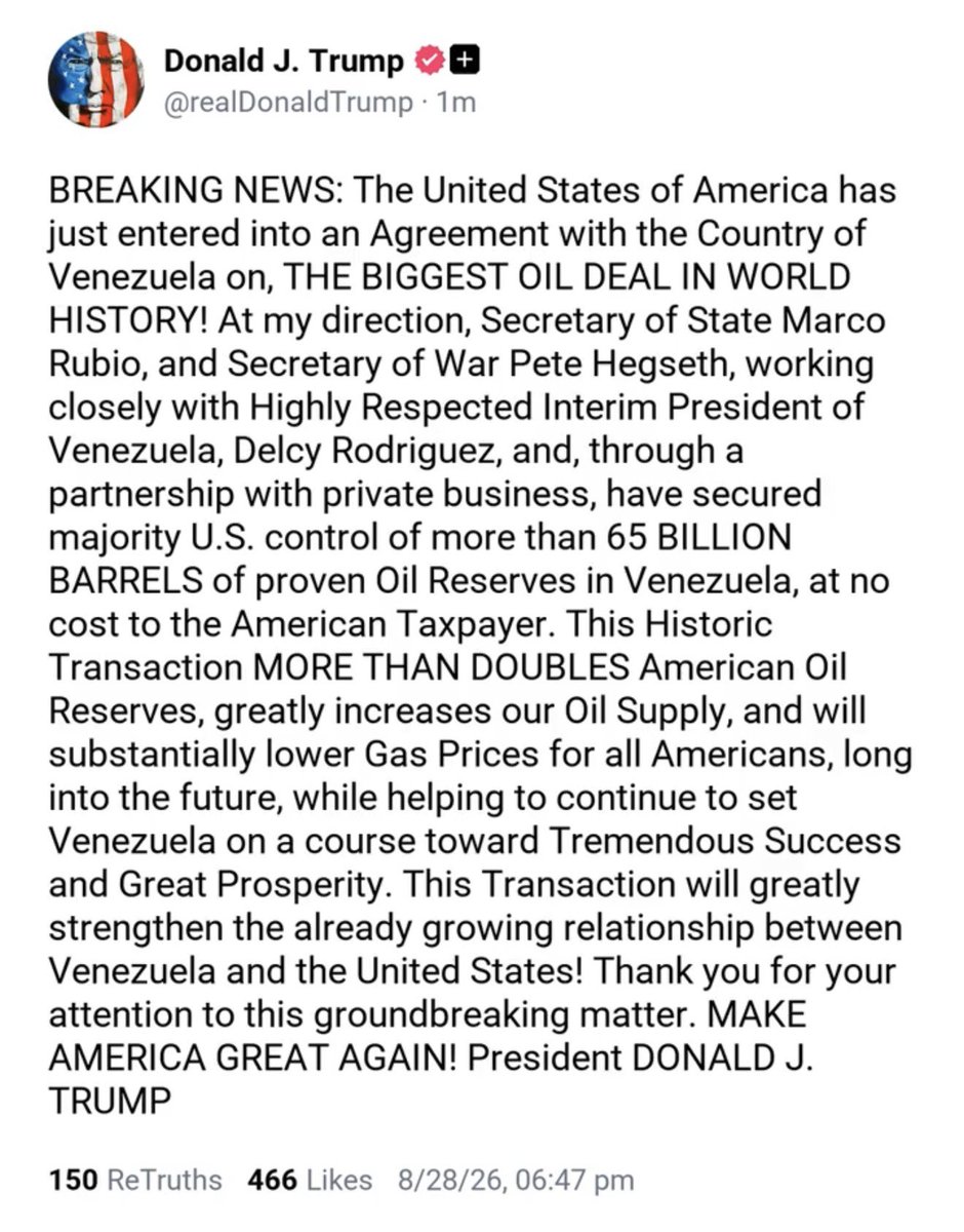 MartinLitwak's tweet photo. Tres comentarios sobre este posteo del presidente #Trump

1️⃣ Siento mucho olor a promesa de campaña electoral, de cara a las elecciones de noviembre que se presentan complejas para el Partido Republicanos. Se terminará consumando el “deal”.

2️⃣ No puede hacer “deal” cuando no hay dos partes negociando libremente.

3️⃣ De ser de cualquier manera cierto el anuncio, no creo que sea lo que mis amigos venezolanos esperaban cuando apresaron al dictador #Maduro. Espero que la democracia vuelva pronto a mi querida #Venezuela

Me gustaría escuchar a @EmmaRincon, @OrlvndoA, @Urruchurtu y también a @AntonellaMarty y a @agusantonetti, que saben mucho más que yo…

Y obviamente a cualquier otro que quisiera opinar!
