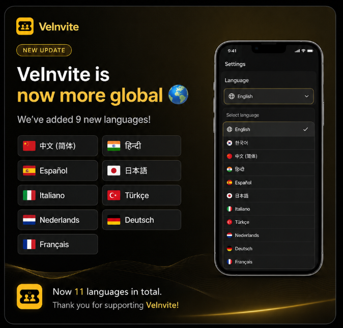 Veinvite's tweet photo. VeInvite is now more global🌎

We’ve added 9 new languages!
中文 (简体), हिन्दी, Español, 日本語, Italiano, Türkçe, Nederlands, Deutsch, Français

Now 11 languages in total. Thank you for helping us build a more inclusive VeBetterDAO. 

#VeInvite #VeBetterDAO #VeChain #B3TR https://t.co/0FOmiCAyhC