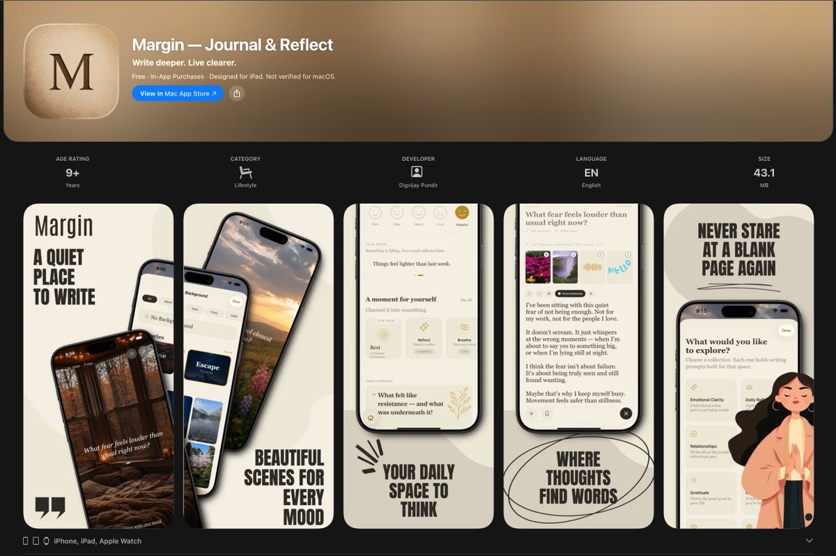 digv_pundir's tweet photo. @launch_llama @MarkZofMarkZ @AgentsVerseAI @thegtmcofounder Margin: a quiet place to write. Every Sunday it sends you a short letter about the week — patterns it noticed, a line it kept, a question to carry. Written entirely on your iPhone ✍️

https://t.co/afIXtFyfiK https://t.co/ivmUC9GJBd