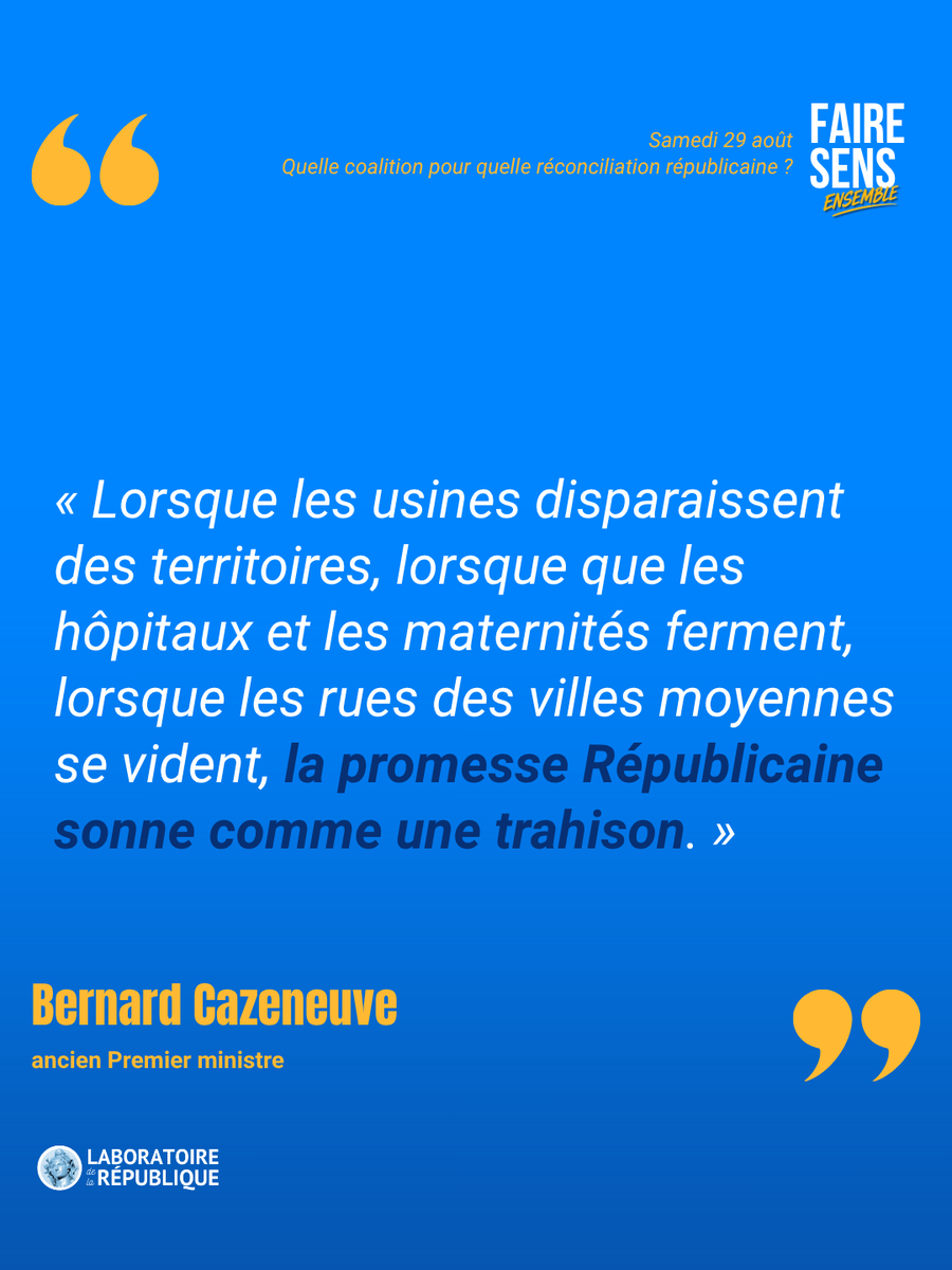 LabRepublique's tweet photo. 🇫🇷 « Quelle coalition pour quelle réconciliation républicaine ? » : Bernard Cazeneuve, ancien Premier ministre, était l'invité de l'Université d'été

Un diagnostic sans concession sur les fractures territoriales et politiques du pays, et un appel exigeant à la réconciliation républicaine, à la vérité et au courage politique.

📍 Salle des Fêtes, Sens
🗓️ Samedi 29 août

#FaireSensEnsemble #Sens2026 #LabDeLaRépublique

@BCazeneuve @jmblanquer